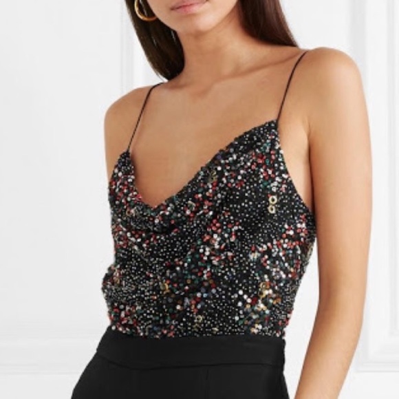 Cushnie Tops - CUSHNIE ET OCHS | Supernova Lenora Sequin Silk Spaghetti Strap Drape Bodysuit